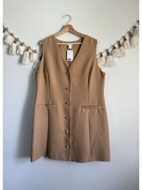 H&M Brown Sleeveless V-neck Knot Gold Button Mini Aline Dress Modest Feminine XL